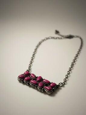 Silver-Tone Necklace with Fuchsia Cabochon Accents